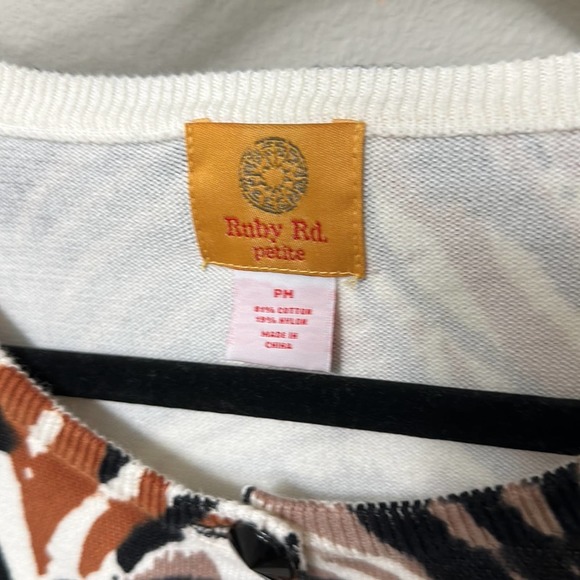 Abstract Print Cardigan Sweater Brown Black Orange White 3/4 Sleeve Top - Picture 5 of 8